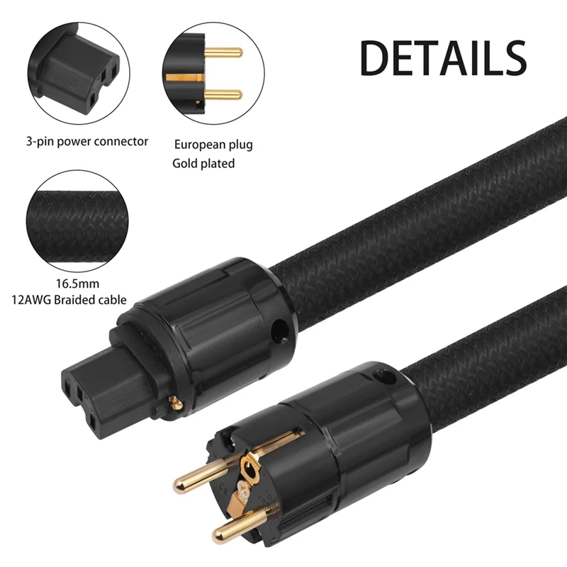 

12AWG Hifi Power Cable, Hifi Power Cable EU Power Cable, 250V/15A For Speakers, Subwoofer, Turntable, Amplifier-Y41A