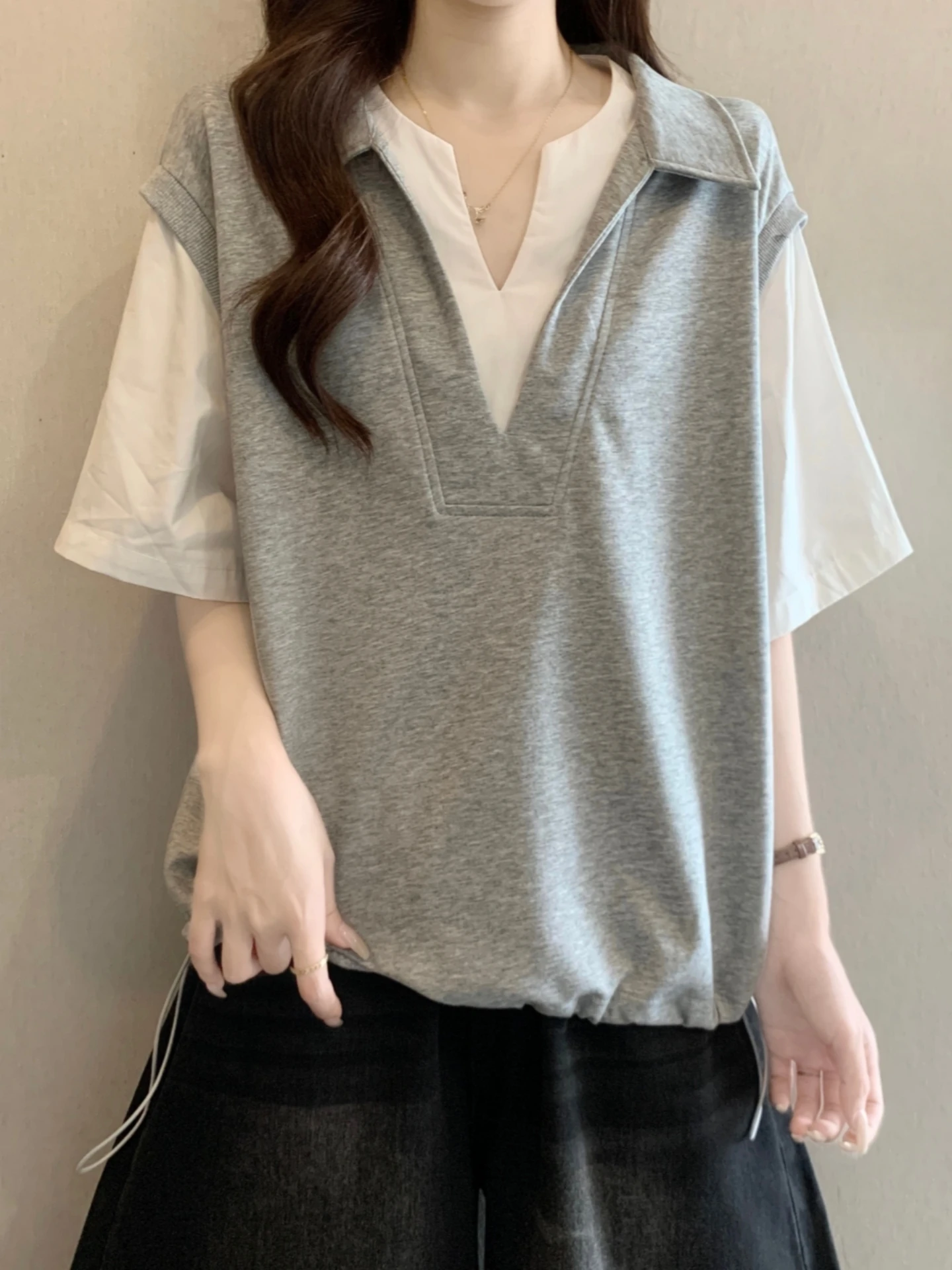 

Casual V-Neck Short Sleeve Women's T-Shirt Summer 2026 plus Size Drawstring Design Sense Belly Cover Top Bottom Shirt