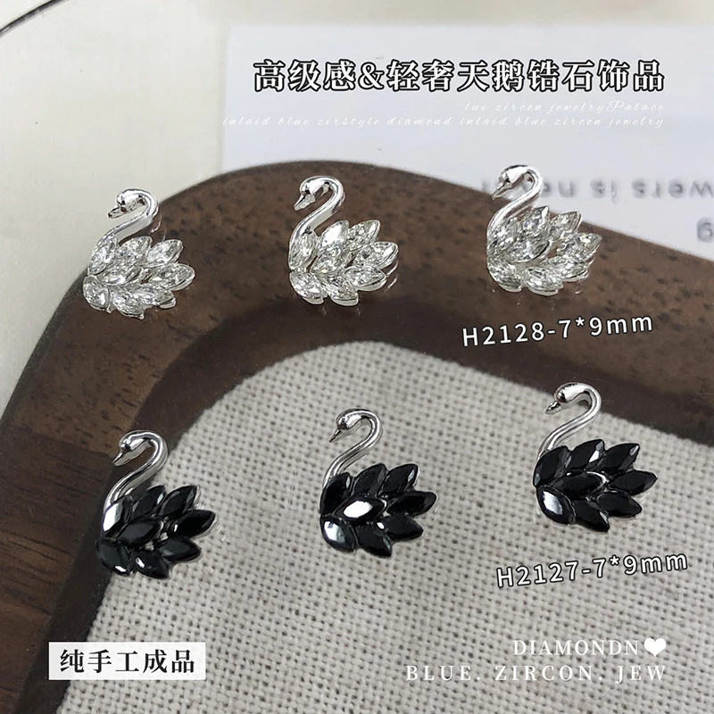 10pcs Hepburn Style Black Swan Zirconia Nail Art, Sparkling Pre-made Stacked Rhinestone French Press-on Nail Accessories