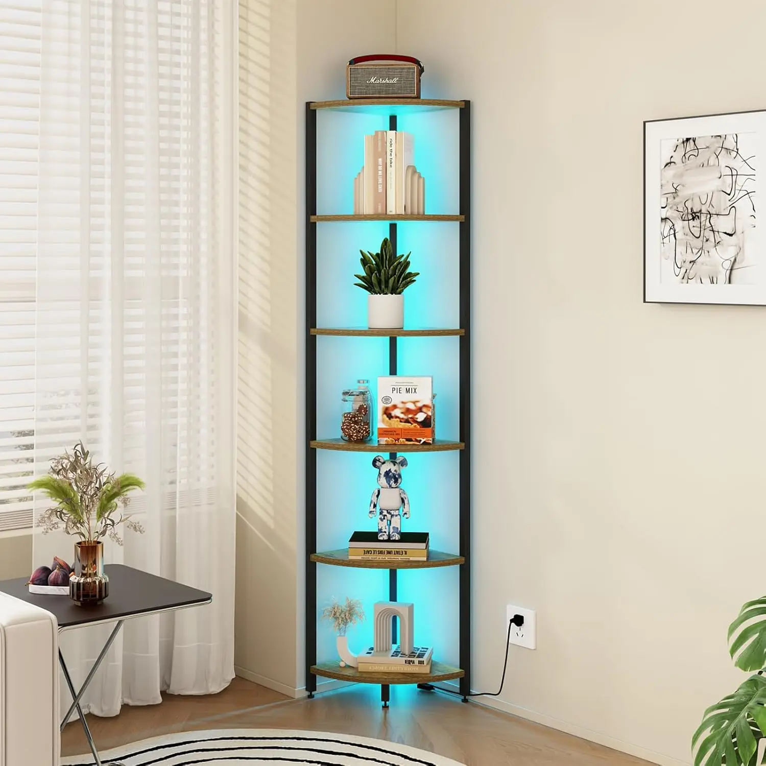 

6-Tier Corner Shelf with LED Lights, 65" Tall Narrow Bookshelf, Sturdy Metal Frame & Waterproof Shelves for Living Room/Bedroom