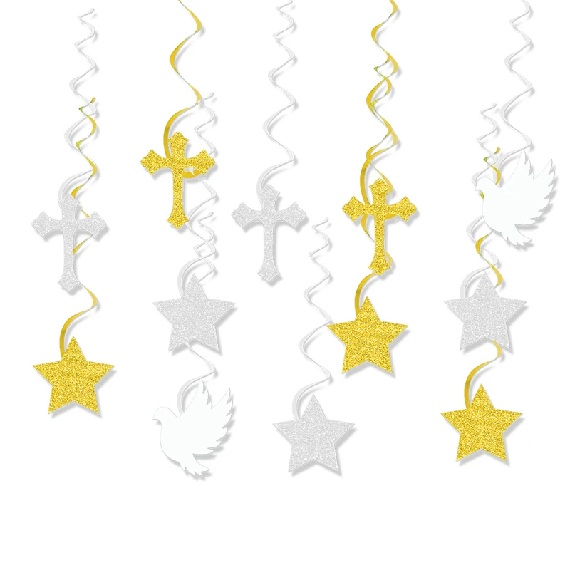 6/12 قطعة بالتواصل الأول معلقة الدوامات الصليب والسلام حمامة راية المعمودية الديكور للبنين بنات استحمام الطفل ديكور الحفلات