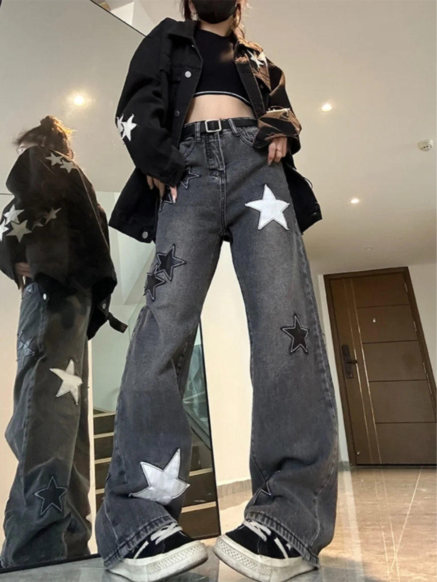 

Stars Patchwork Women's Jeans Y2K Streetwear Baggy Straight Cargo Pants Punk High Waist Wide Leg Denim Trousers 90s Vintage E23