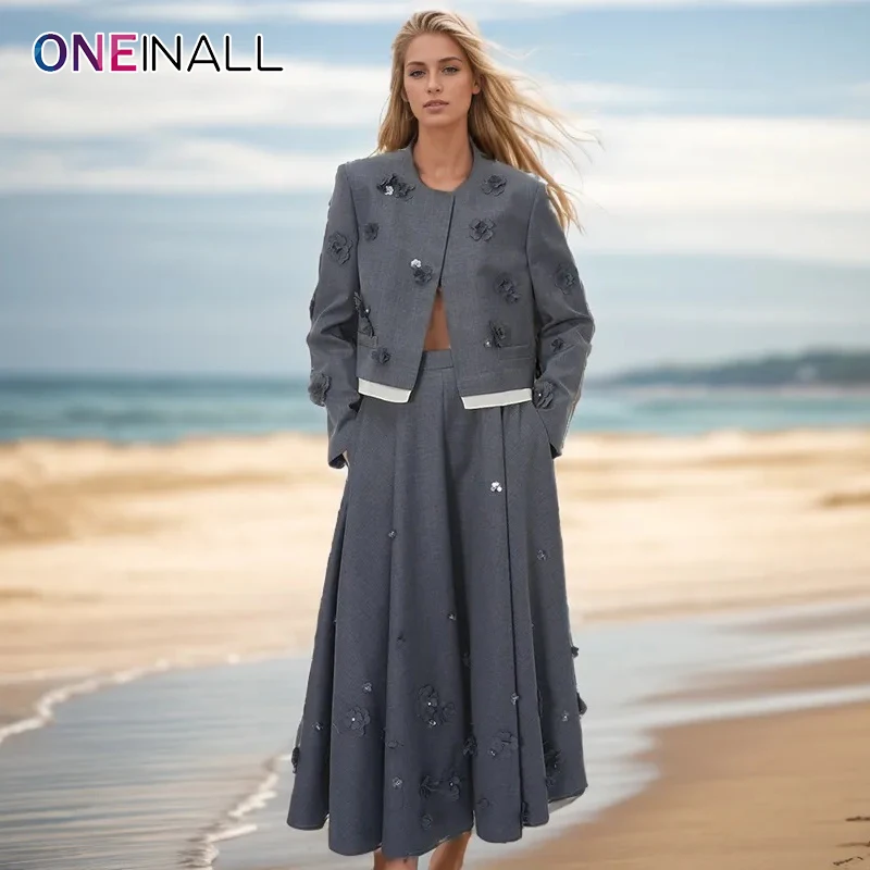 

ONEINALL Solid Spliced Appliques Elegant Suits For Women O Neck Long Sleeve Coat High Waist A Line Skirts Vintage Set Female New