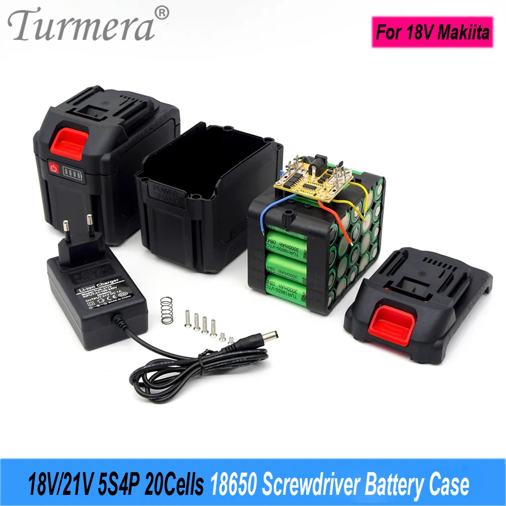 Turmera 18V 21V Screwdriver Battery Case 5S4P 20X 18650 Holder 5S 50A BMS Weld Nickel Charger for 6Ah to 14Ah Electric Drill Use