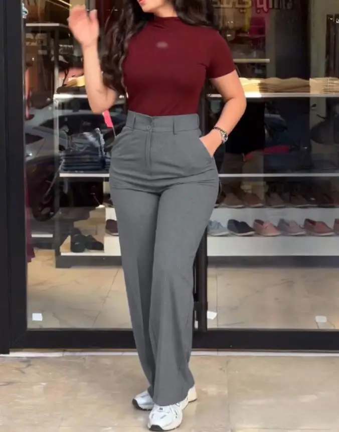 Women's Pants Fashion High Waist Zipper Fly Elastic Back Waist Trousers Casual Wide Leg Pants Temperament Commuting Casual Pants