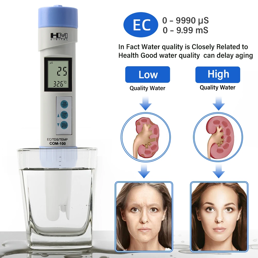 Probador multifuncional de calidad del agua Digital COM100 resistente al agua EC / TDS / Temp con IP67
