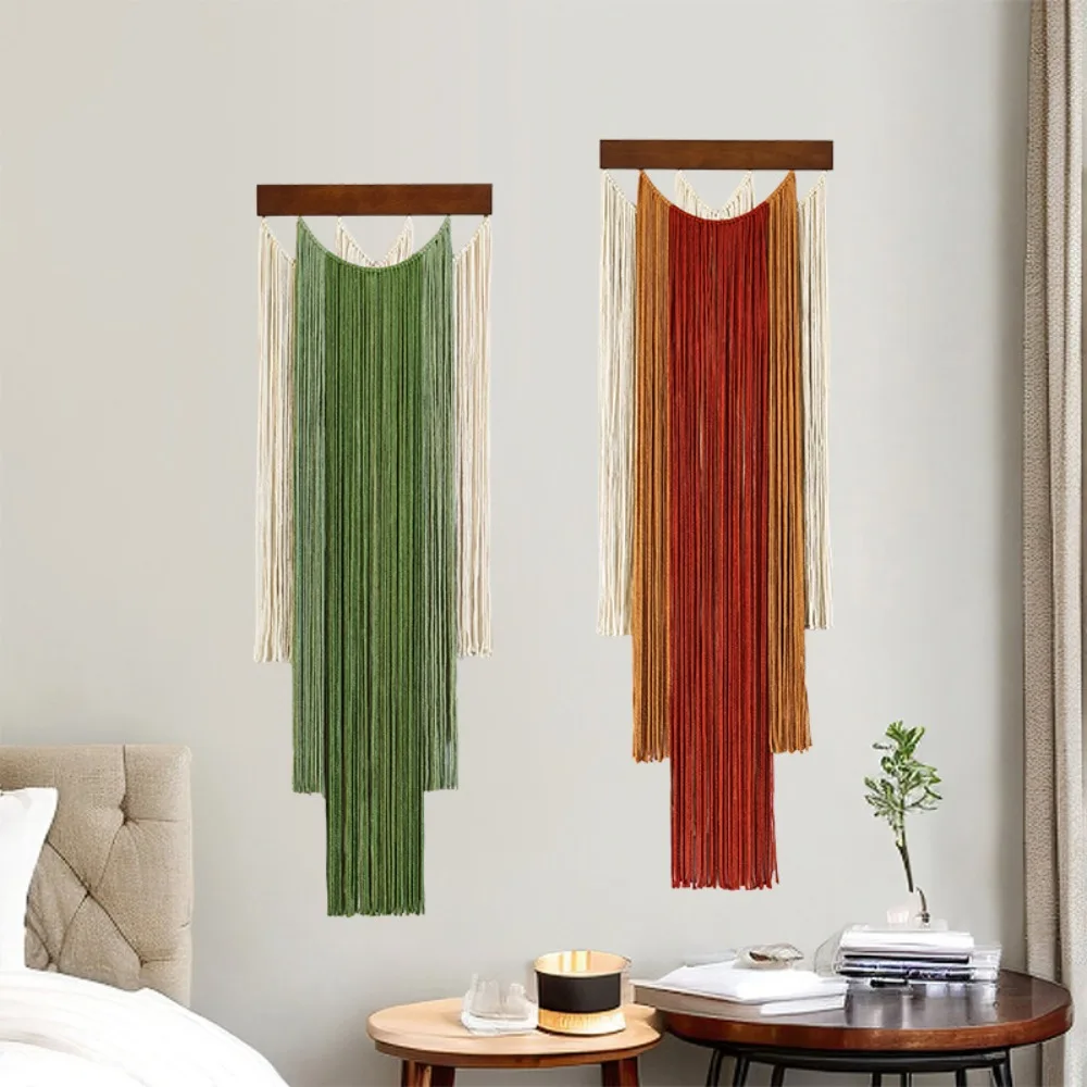Wall Hanging Green Beige Two-color Tassel Tapestry Hand-woven Tassel Wall Decoration Bedroom Living Room Apartment Home Art