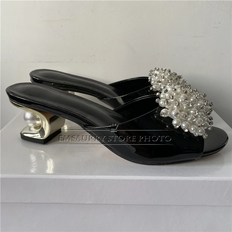 Crystal Beads Flower Decor Sandals Women Luxury Patent Leather Slingbacks Unique Pearl Fretwork Heel Summer Mules