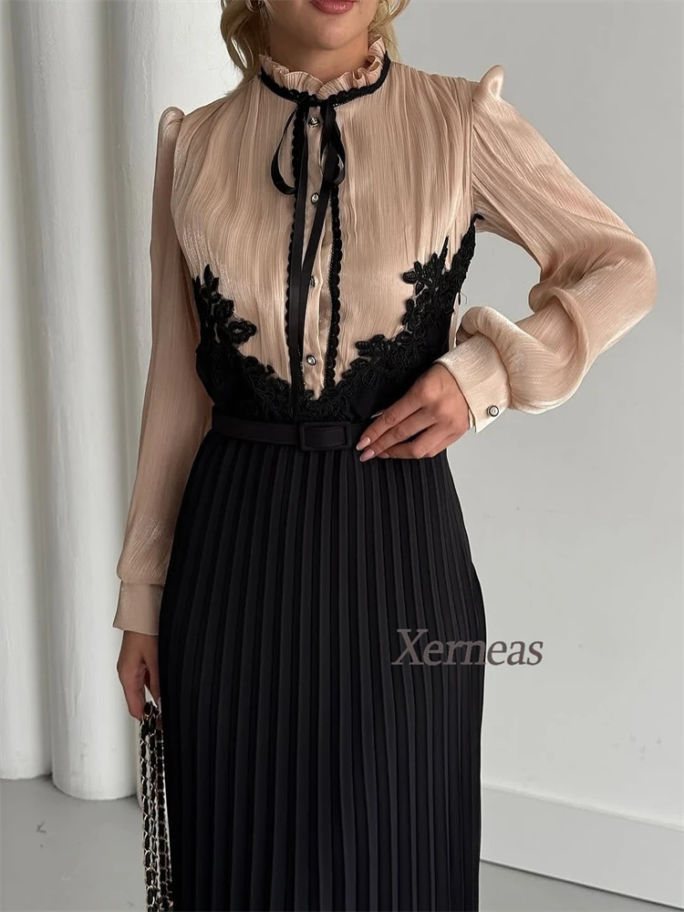 Customized Draped Women Evening Dresses Full Sleeves Long Formal Dress for Prom Party Applique Floor Length Cocktail Gowns