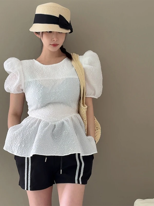 

Faionable ort Bubble Sve irt Women's Textured Waist-Cinching Lace Trim Design Doll Top round Ne Regular Length