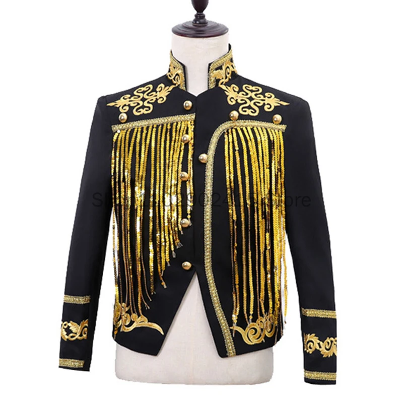 

2023 Fashion Shiny Tassel Sequins Men's Short Blazer Jacket Stage Performance Dance Singer Nightclub Clothing Costume Homme Coat