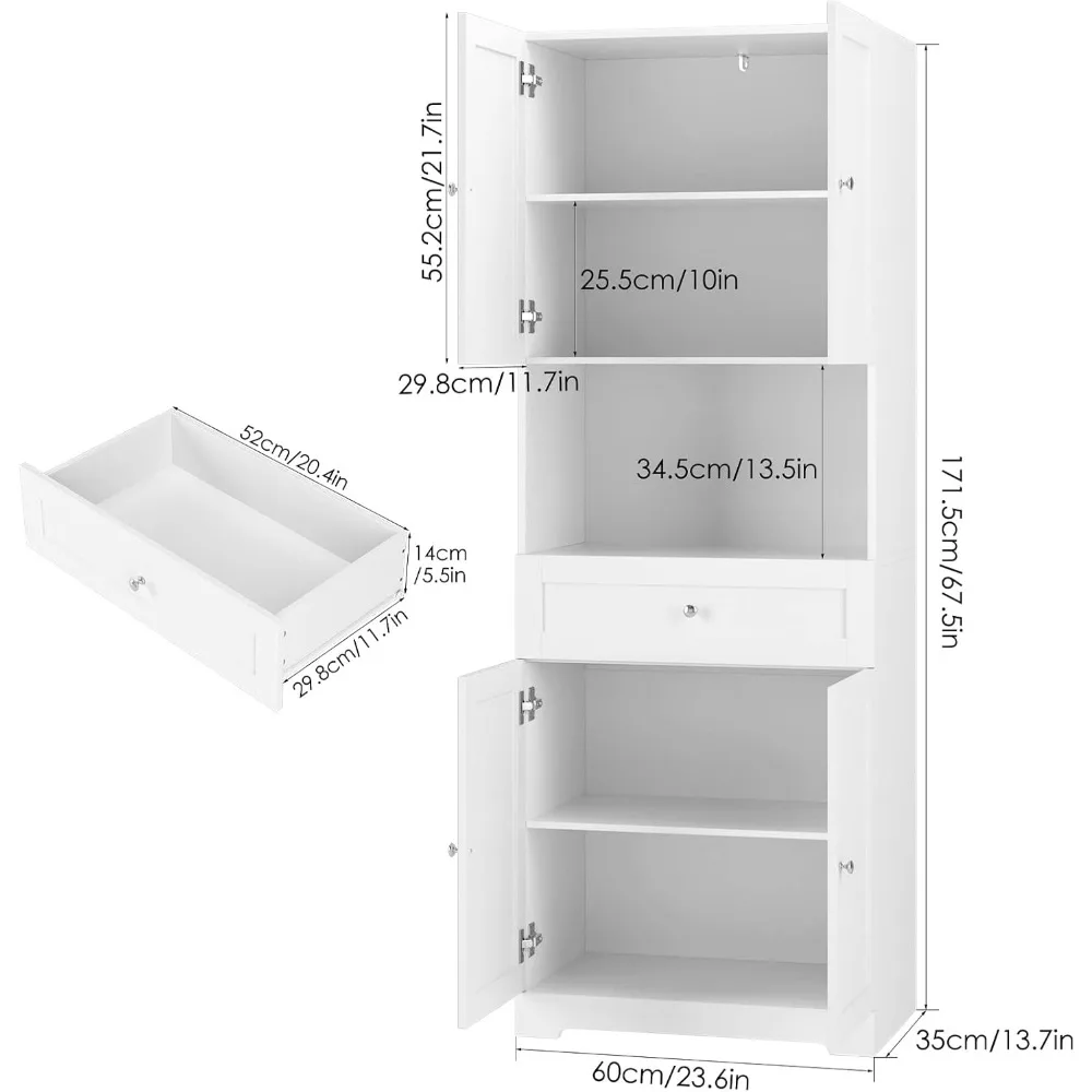 Armarios altos de almacenamiento para baño, armario de lino moderno con 4 puertas, estantes y cajón, 67 "H