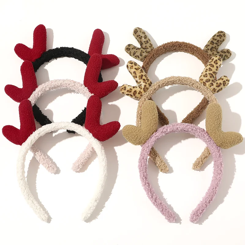 Cute Leopard Print Antler Hairbands Women Face Wash Headband Plush Christmas Hair Accessories