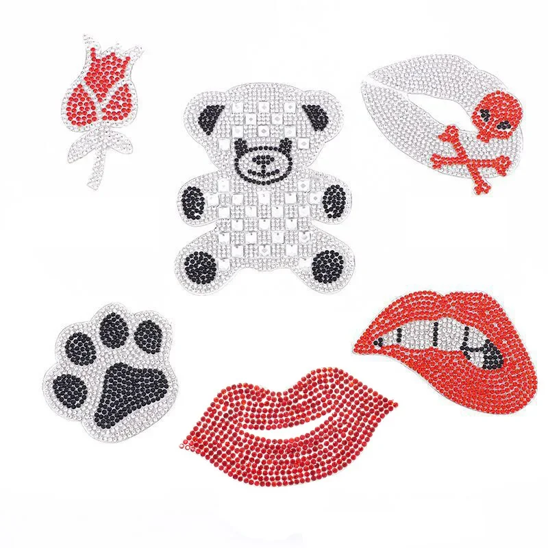 Rhinestone Applique Red Lips New Bear Paw Prints Clothing Decorative Iron-On Stickers For Dresses Punk Badges On Backpack