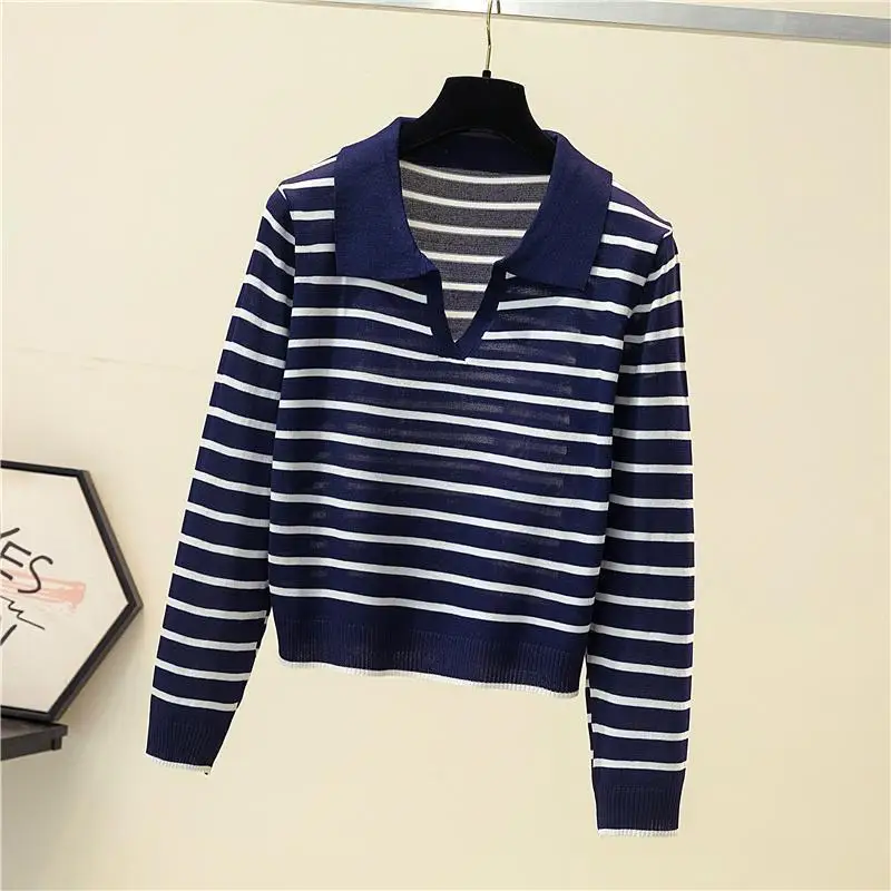 Women Clothing Chic Turn-down Collar Striped Knit Pullovers Autumn Elegant Casual Thin Long Sleeve T-shirt Office Lady Sweet Top