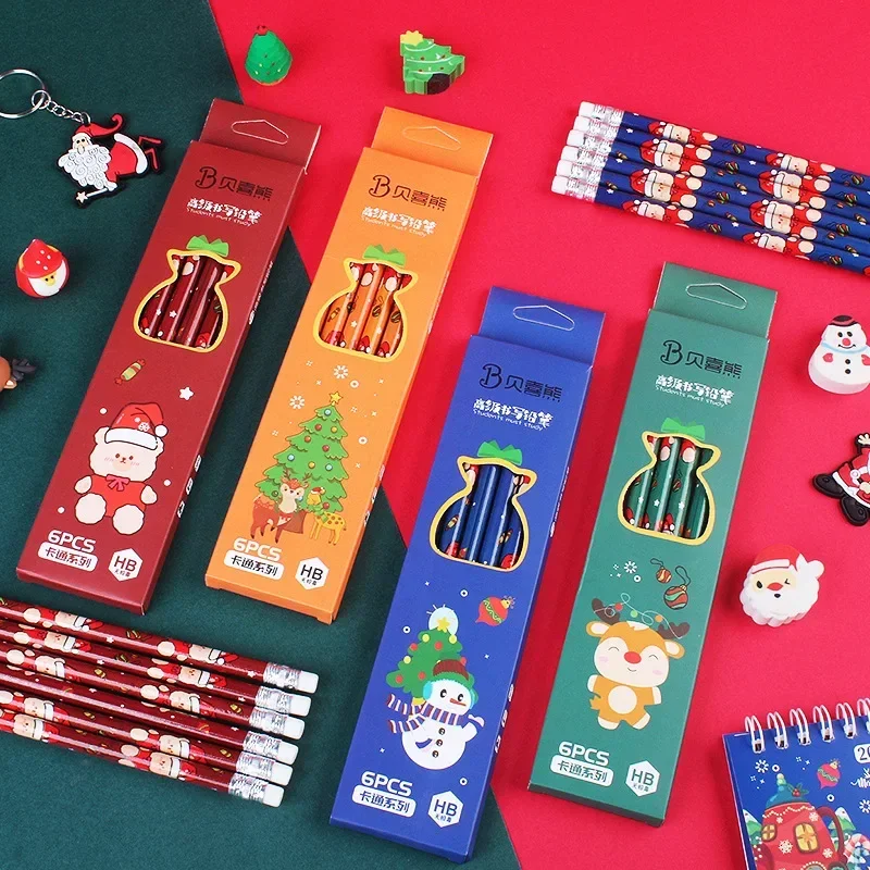 

6pcs Christmas Wooden Pencils Cartoon HB Pencils with Erasers Kawaii Stationery Children's Drawing Pencil Kids School Supplies