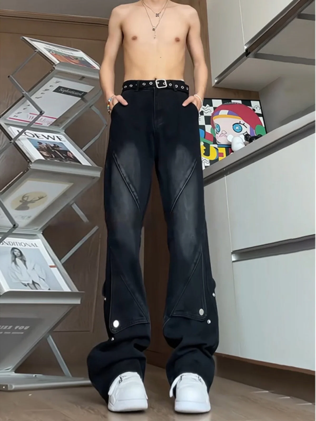 

Американские рабочие джинсы-брюки для мужчин, летние, черные, с высокой талией, прямые, зауженные, на пуговицах, слегка расклешенные