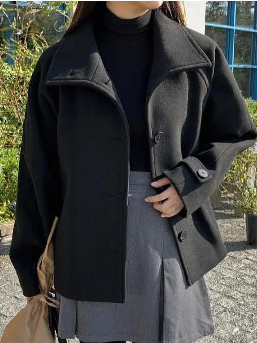 Korean Sle Winter Faion High Collar Briti Sle Loose Versatile Single Button Woolen Jaet Coat Women's Clothing