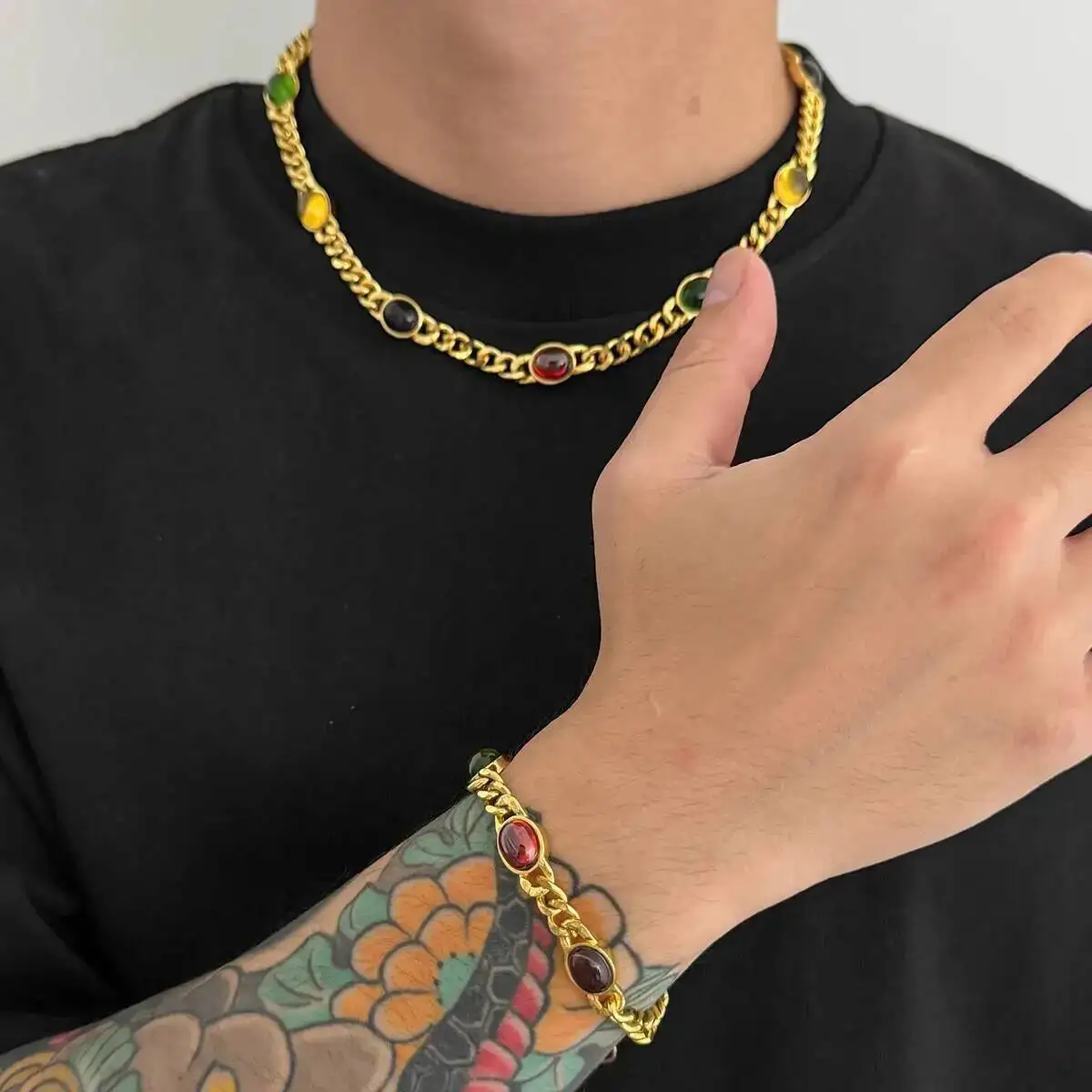 

KunJoe Trendy Gold Color Cuban Chain Necklace Bracelet for Men HipHop Inlaid Acrylic Short Choker Bangle 2025 New Male Jewelry