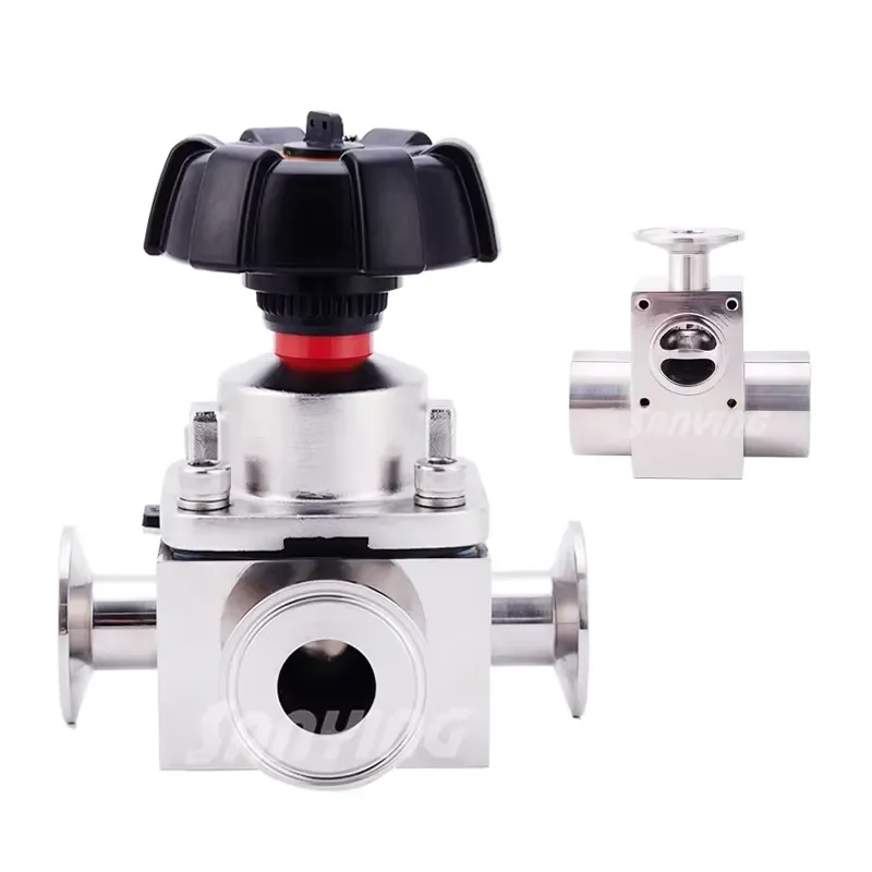 Ss316L Stainless Steel Zero Dead Leg Sanitary T 3 Way Diaphragm Valve with Block Body for Pharmaceutical Industries