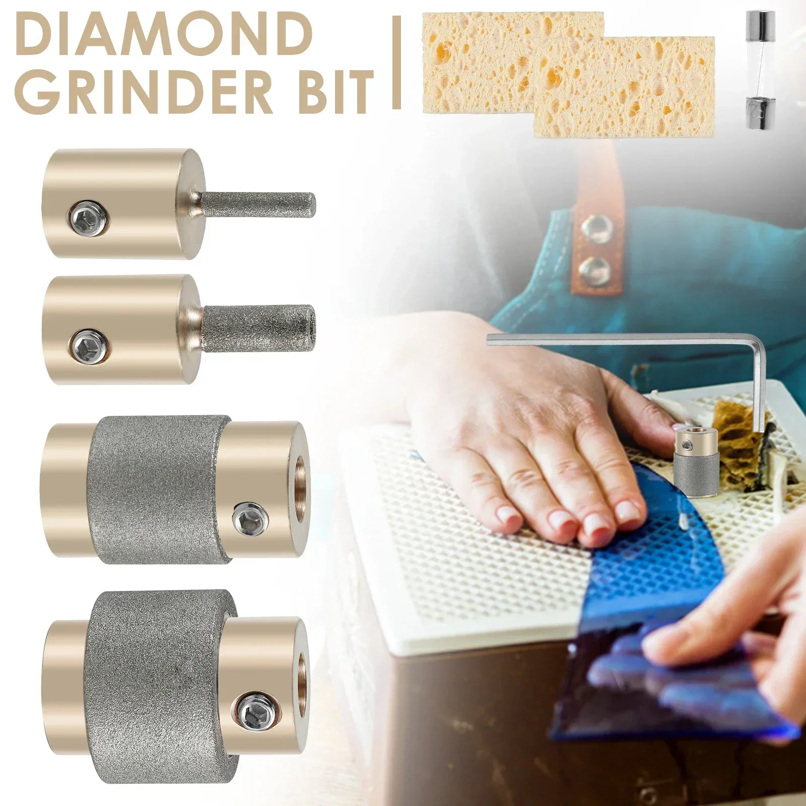 Diamant-Schleif-Bitkopf-Werkzeug-Set, Buntglas-Schleifbit, 1 Zoll, 3/4 Zoll, 1/4 Zoll, 1/8 Zoll, Messingkern, Diamant in verschiedenen Größen