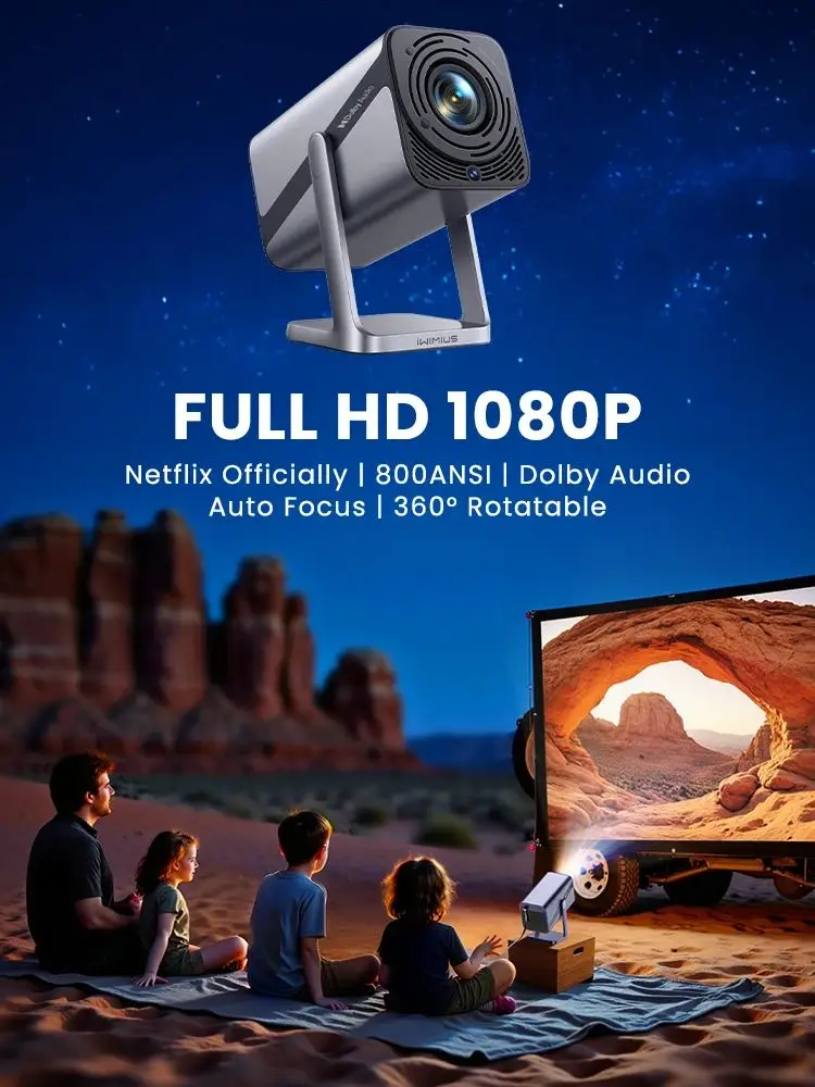 Projecteur Wimius 4k officiel Netflix 800ANSI Auto Focus/Keystone FHD 1080p WIFI 6 Bluetooth5.2 Dolby Rotatif 360° Zoom 50% RétroProjecteur Home Cinéma