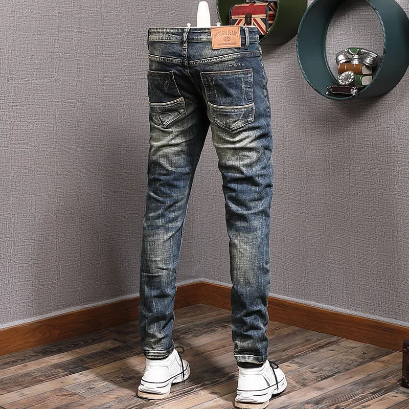 

Dark Japanese retro blue jeans men's trendy brand slim fit small leg elastic spring and autumn nostalgic washed small leg pants