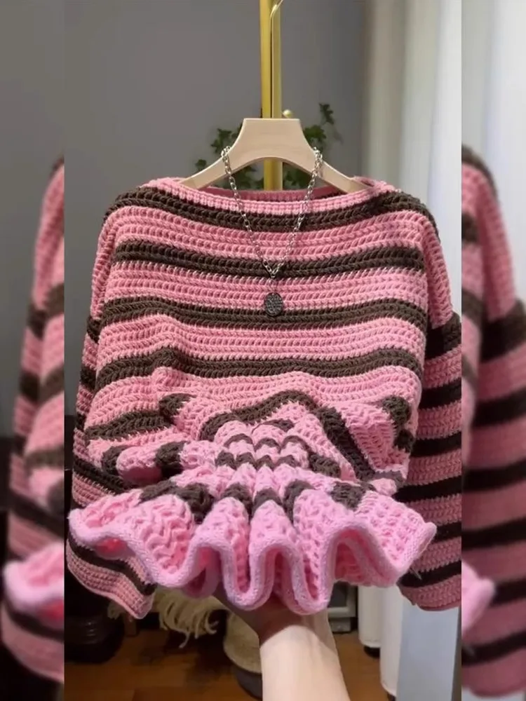 

Женский мягкий уютный розовый свитер в полоску с рисунком, повседневный длинный свек, свободный крой, осень-зима, Новое поступление