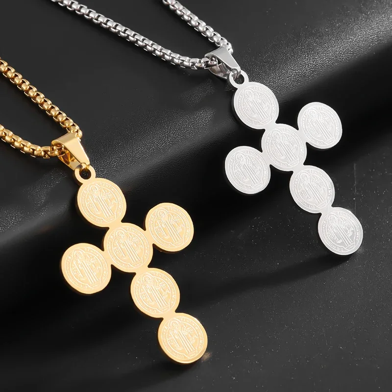 Stainless Steel Christian Saint Benedict Cross Necklace Men's Fashion Retro Religious Lucky Amulet Jewelry