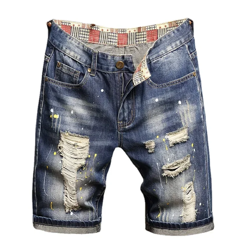 Summer Five Points Pants Denim Shorts Men's Fashion Scratch ripped Beggar Jeans Short Personality Paint