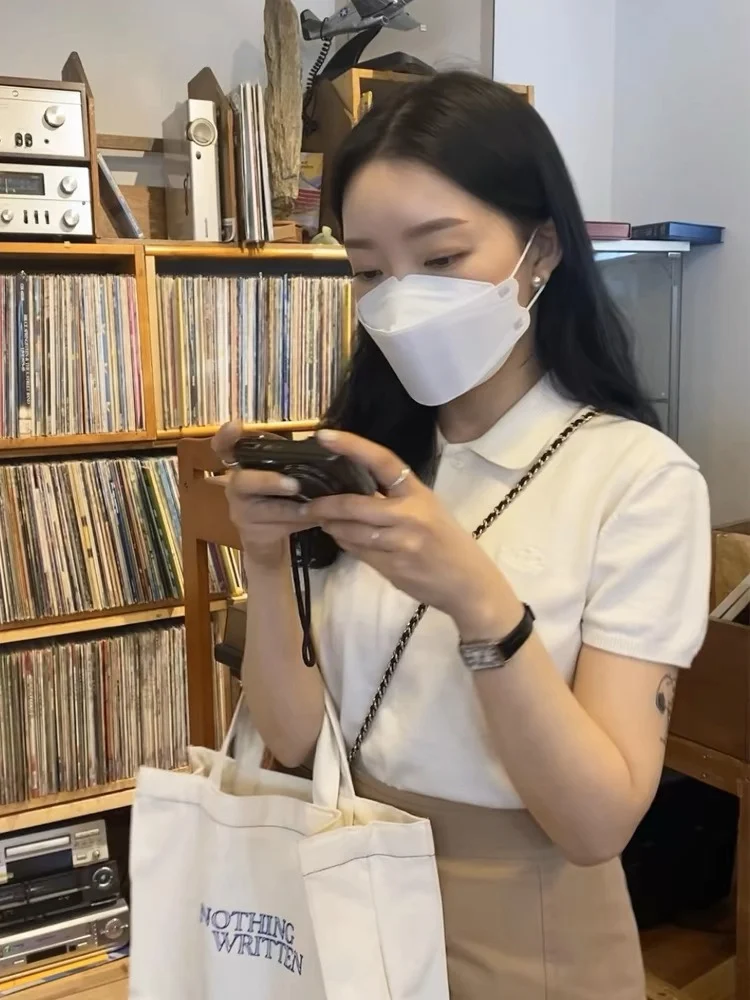 

Ele Korean Sle Women's irt ort Sve Pure Cotton Turn-down Collar Slim Fit Summer 2024 Casual Faion