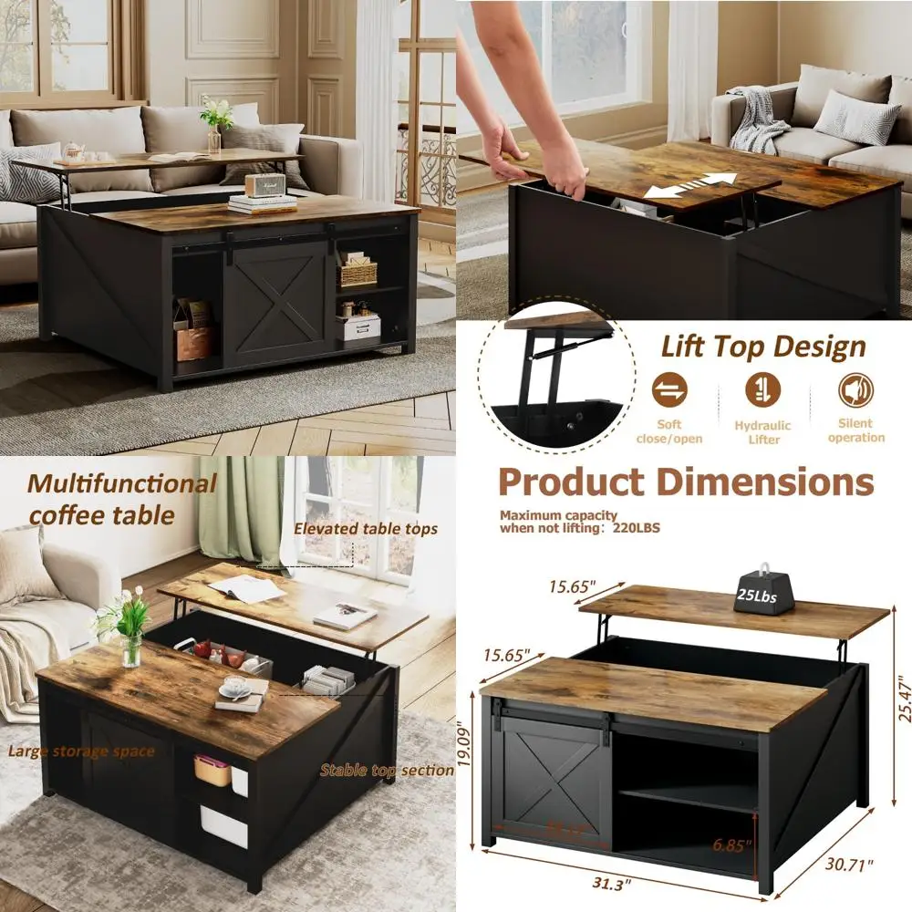 

Farmhouse-Style Lift-Top Coffee Table with Storage for Living Room, Large Capacity Black Coffee Table