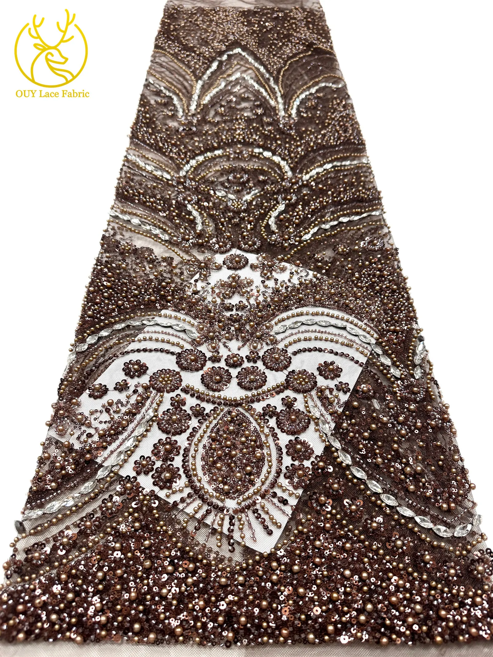 Luxuriöser königlicher lila afrikanischer handgefertigter Perlen-Spitzenstoff, französischer Pailletten-Stein-Tüll-Spitzenstoff für Hochzeitskleid-Design – Detail 40