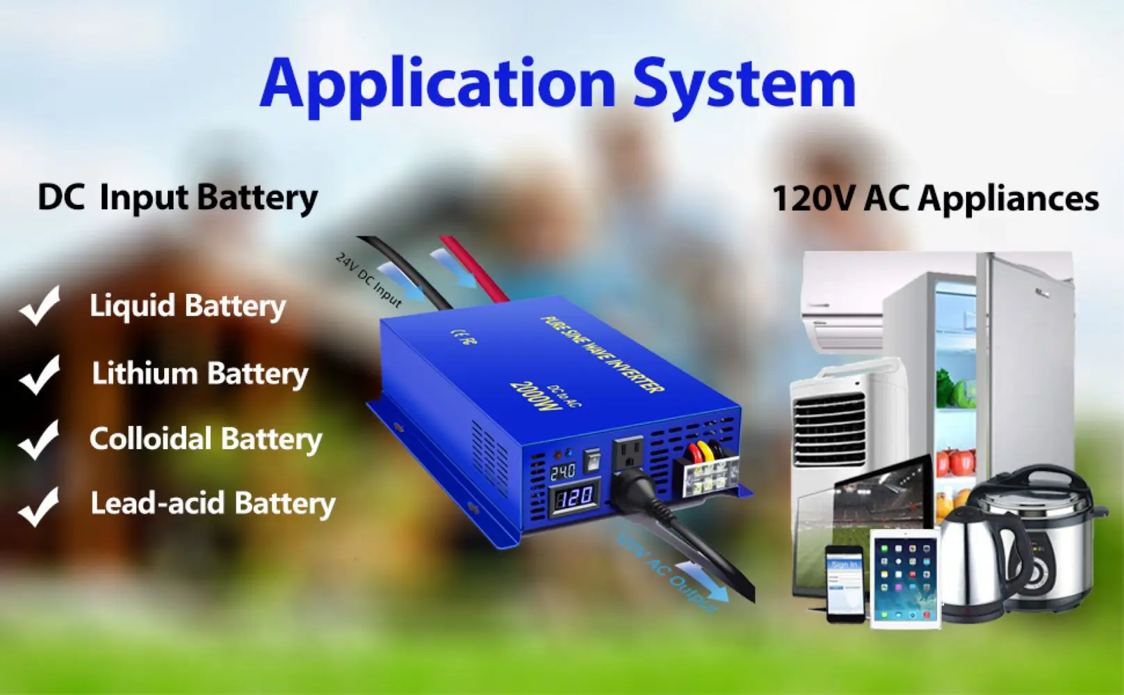 

Blue Pure Sine Wave Inverter 2000W Power Supply Solar Panel Lithium Battery 12V 24V 48V DC to 100V 120V 220V 240V AC Converter