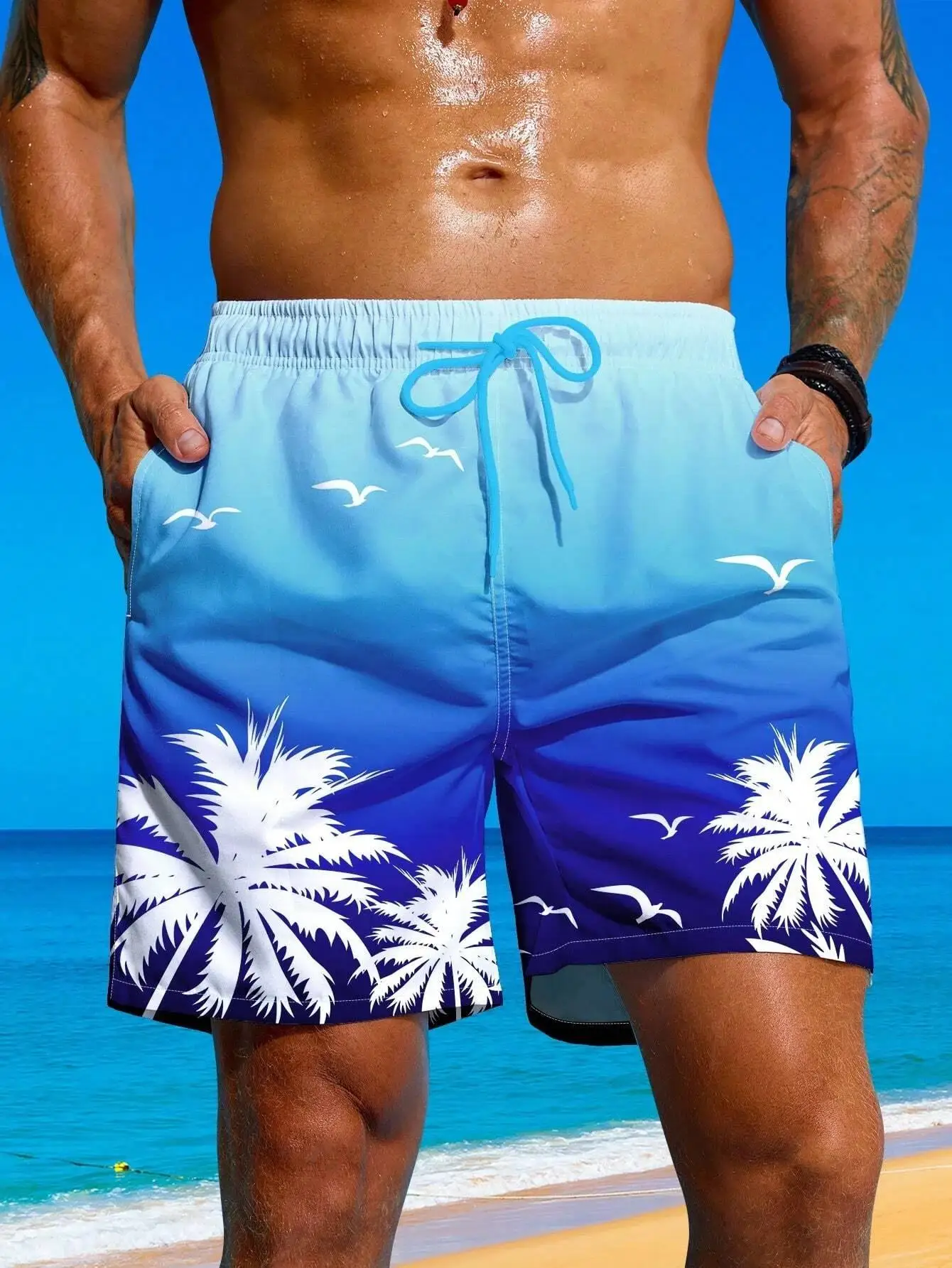 

Summer Vacation 2026 Palm Tree Print Drawstring Waist Board Shorts Fashion Swim Trunks 3D Print Breathable Short Streetwear