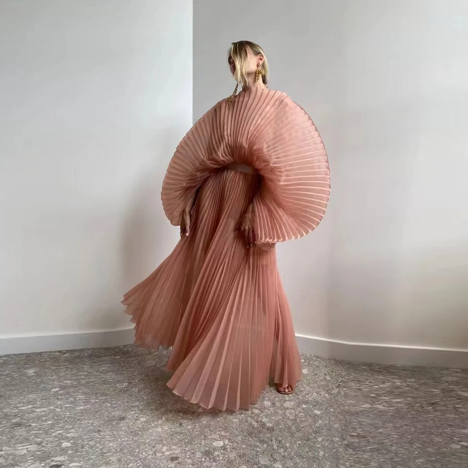 

Trendy Women Holiday Dress Organza Pleated Pink Long Formal Dresses Custom Made Ruffled Flare Sleeves Beach Party Dress