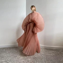 Trendy Women Holiday Dress Organza Pleated Pink Long Formal Dresses Custom Made Ruffled Flare Sleeves Beach Party Dress