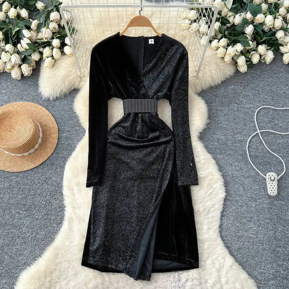 Chic vintage long sleeve Spliced velour Evening Party dress Women High Street ceremony dresses