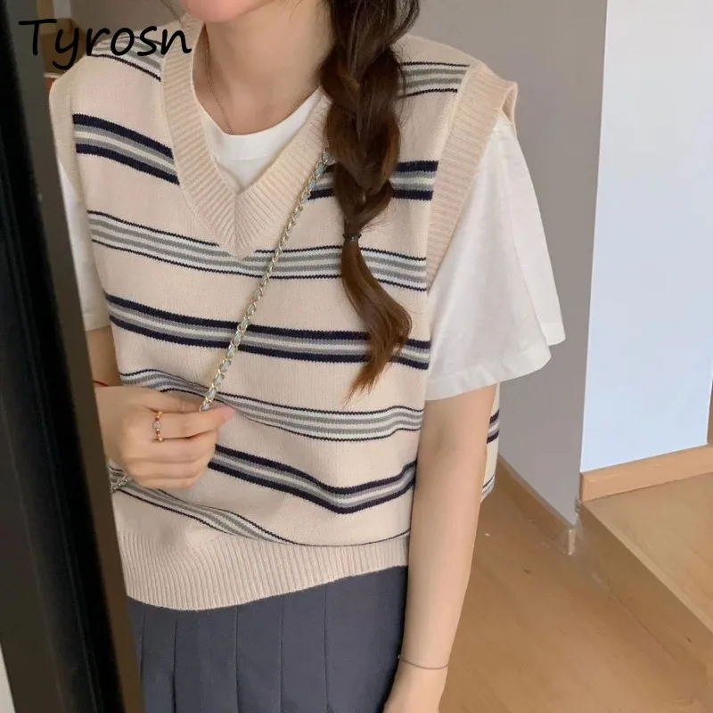 

Sweater Vests Women Preppy Style Striped Loose Autumn Vintage Japanese Style All-match Steetwear Students Warm Chic Fashion