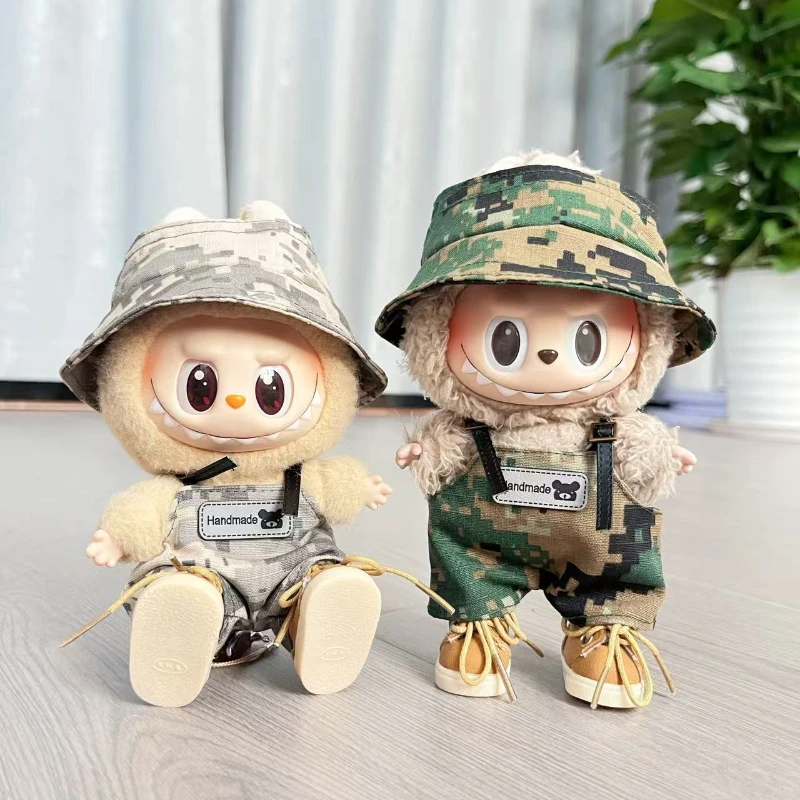 

15/17cm Labubu 1st-3rd Gen Doll Outdoor Adventure Outfit Set Camo Hats Overalls Workwear Jumpsuits Sunglasses Exploration
