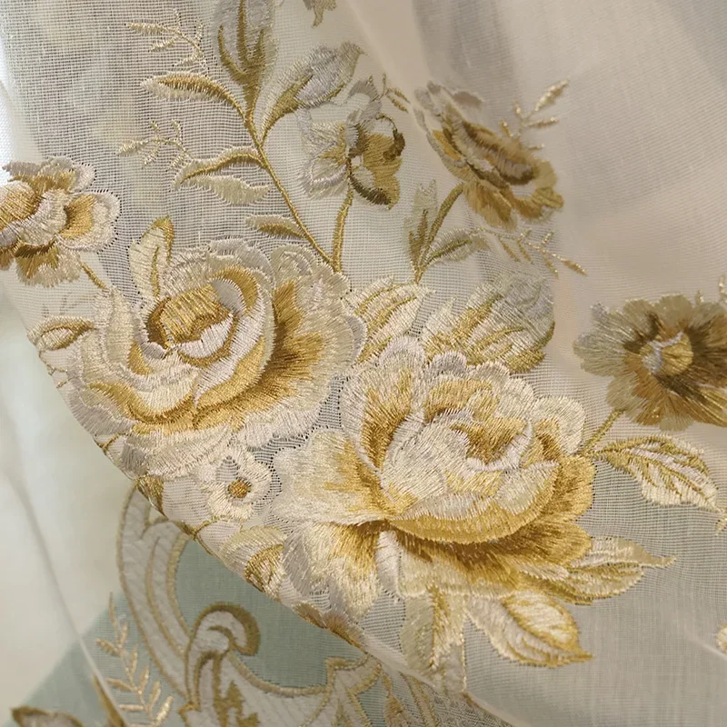 

High Grade Blue Grey Embroidery Velvet Splicing Thickened Curtains For Living Room Bedroom Villa French Window Valance