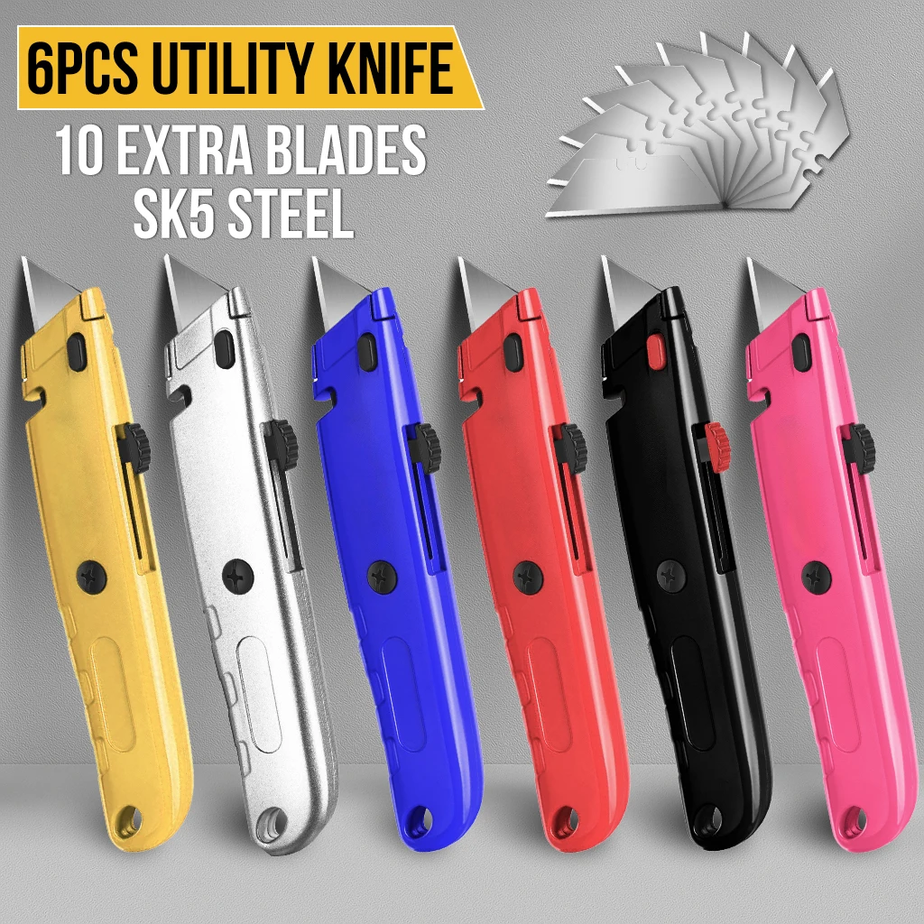 

6 Pack Box Cutter Utility Knife Retractable and 10Pcs blade, Heavy Duty Box Knife Utility Knives Razor Knife Paper Knife