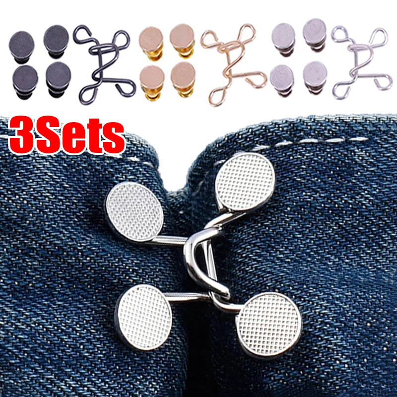 3Sets Detachable Pants Pins Metal Jeans Button Snaps Adjustable Reduce Waist Buttons Clips Clothing Buckles Sewing-Free Tools