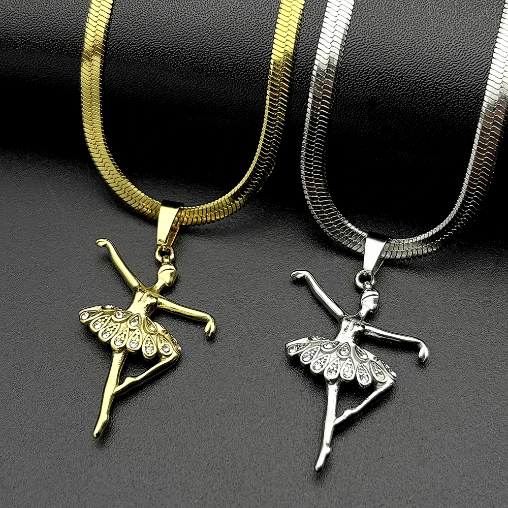 الباليه فتاة الفن سلسلة عنق للنساء الرجال الفولاذ المقاوم للصدأ الذهب اللون حجر الراين الرقص موضة الإناث قلادة المختنق مجوهرات