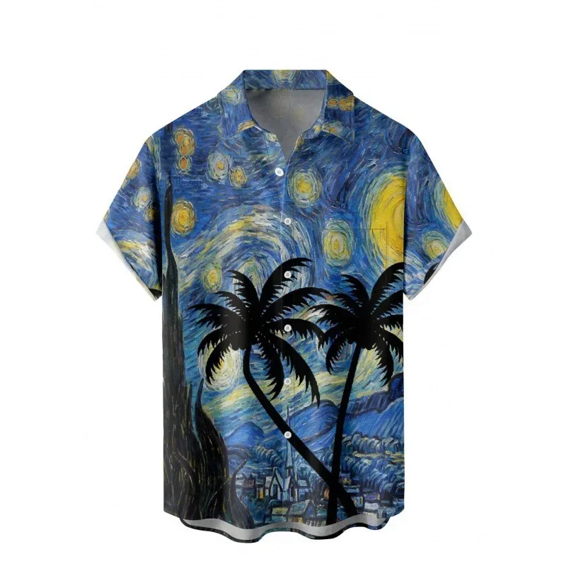 Men Van Gogh Starry Night Coconut Tree Print Cuban Collar Short Sleeve Shirt Loose Button Up Summer Beach Vacation Casual Tops