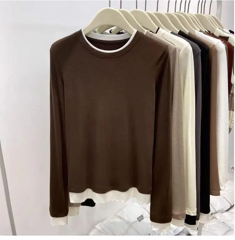 Autumn and Winter New Double-sided Velvet Contrasting Splicing Long Sleeved Round Neck T-shirt Base Shirt Warm Top for Women