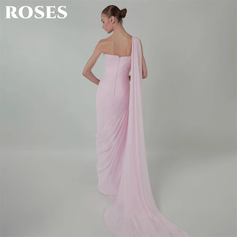 ROSES Pink Chiffon Evening Dresses One Shoulder Prom Dresses Beading On Chest Party Formal Gown Mermaid robe de bal Customized