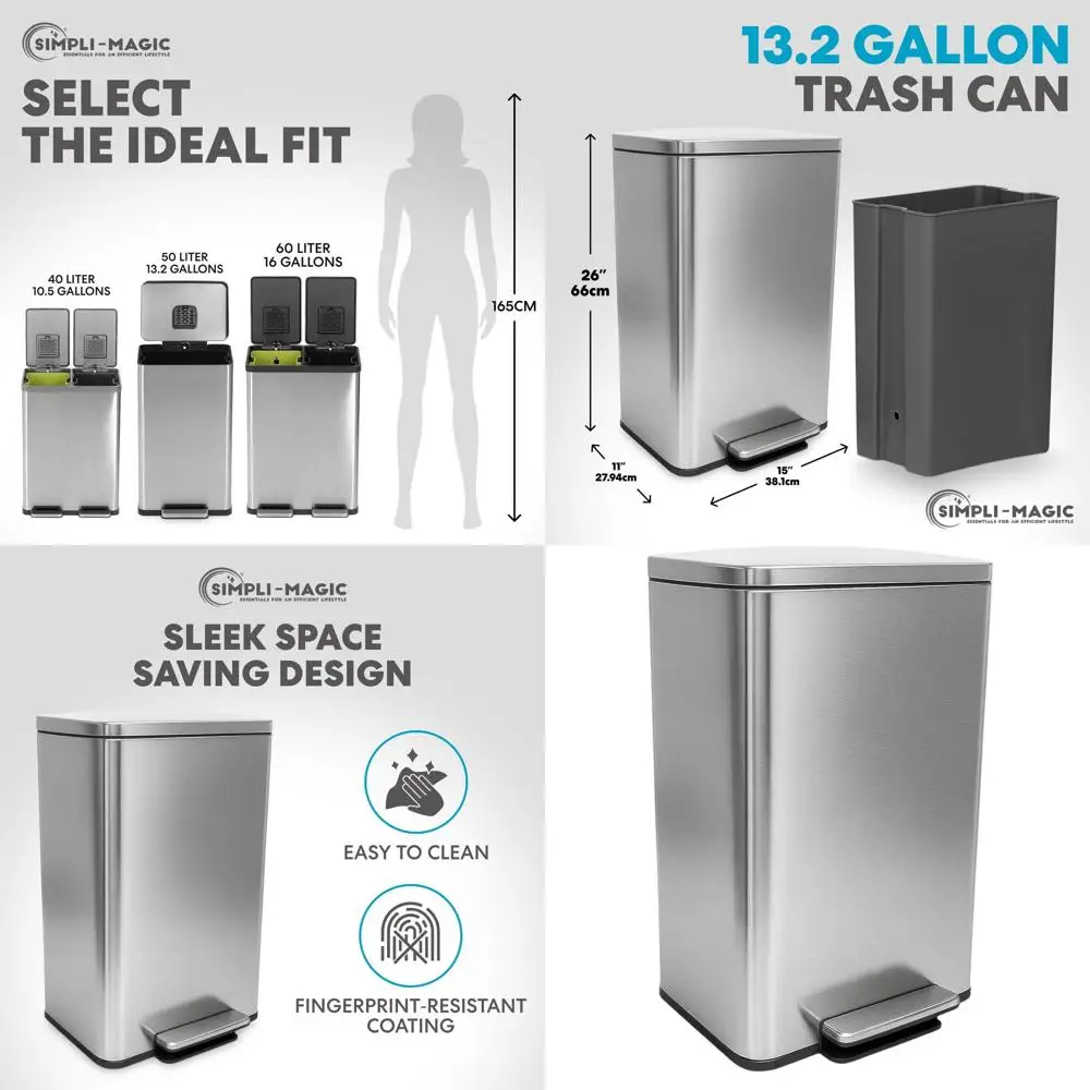 

50 Liter 13.2 Gallon Step-On Trash Bin with Smudge-Resistant Lid and Built-In Filter - Stainless Steel, Sleek Design