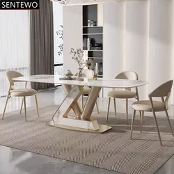 SENTEWO Luxury Rock Slab Dining Table 6 Chairs Stainless Steel Gold Base Faux Marble Table Kitchen Furniture De Salle A Manger