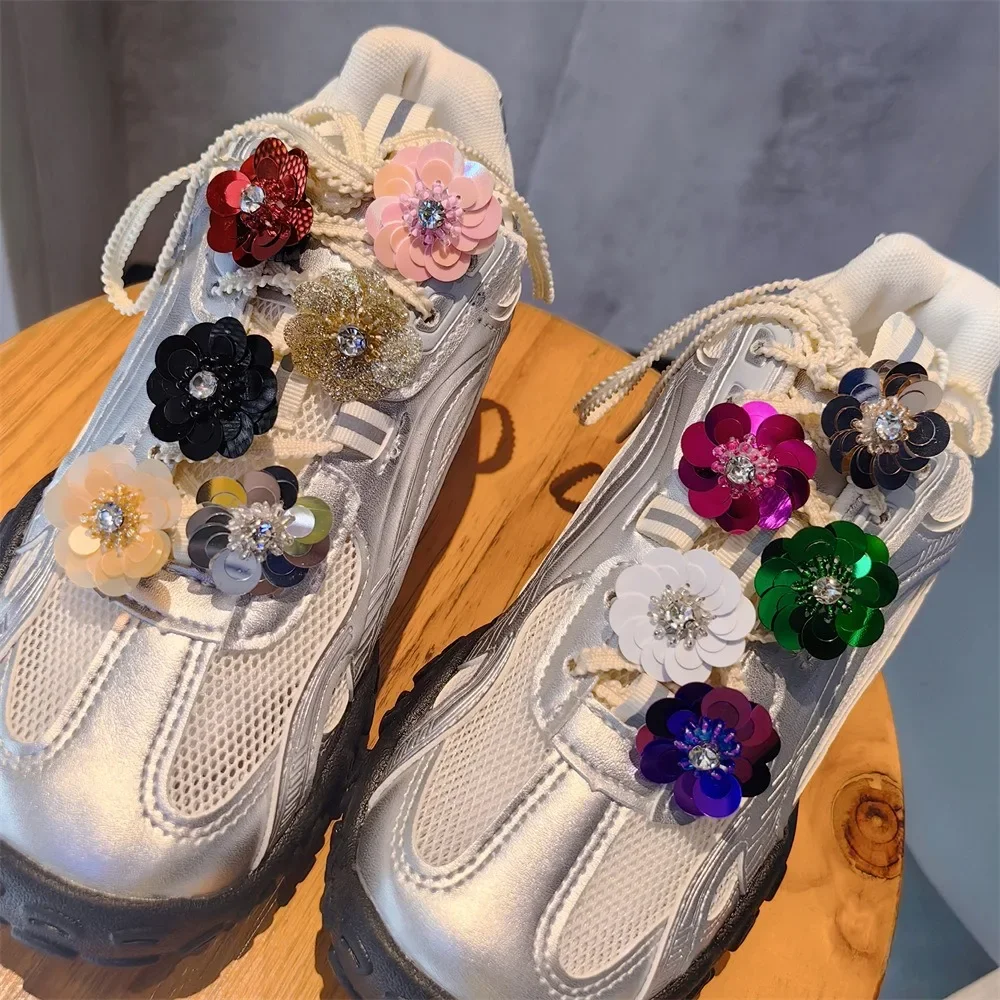 Flash Diamond Handmade Beaded Flower Shoe Laces Clip Buckle Sweet High Grade Decorative Shoes Charm Accessories Women Sneakers